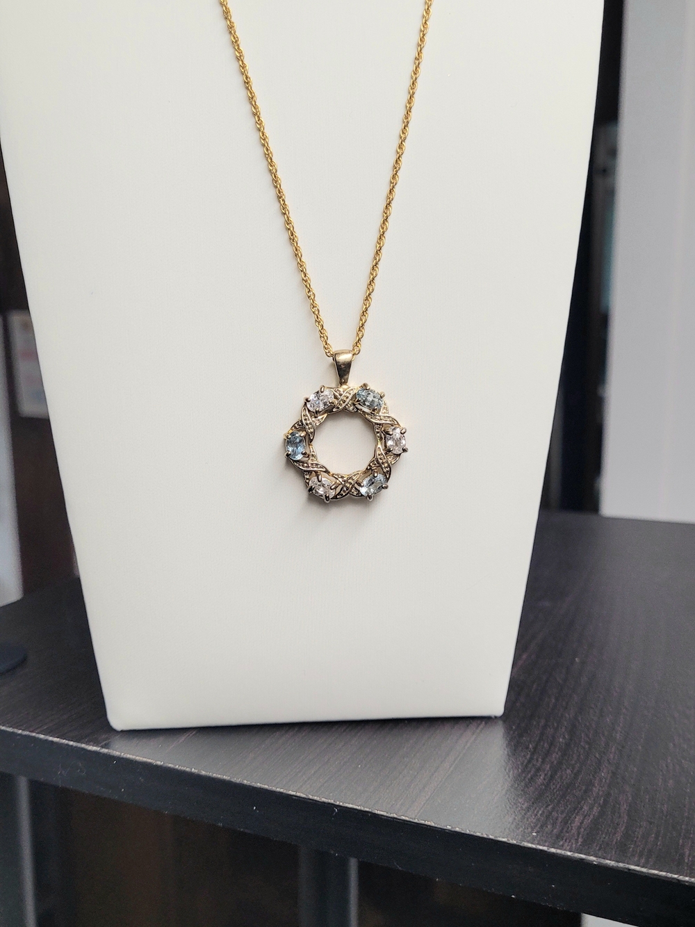 Gold Circle Unique Vintage Pendant Necklace with Clear and Light Blue Stones